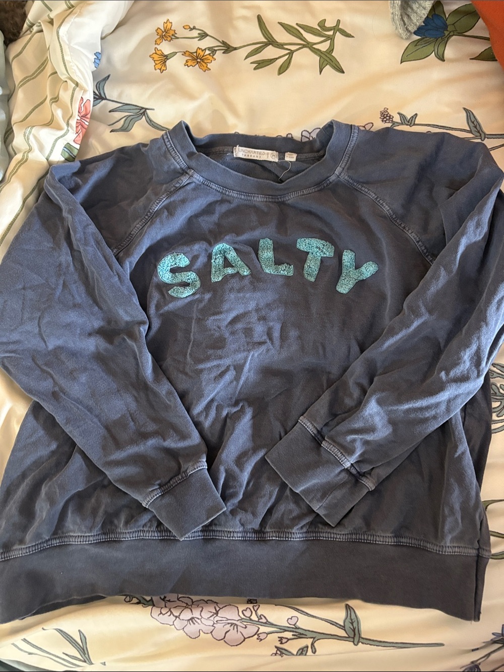 Uncharted Threads Navy Sweatshirt with Aqua 'SALTY' Chenille Letters - Unbranded